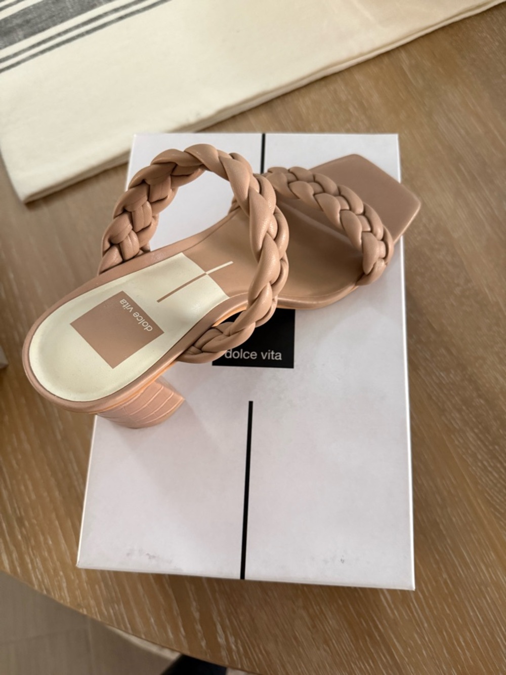 Dolce Vita Braided Double-Strap Block Heel Mules in Nude Tan